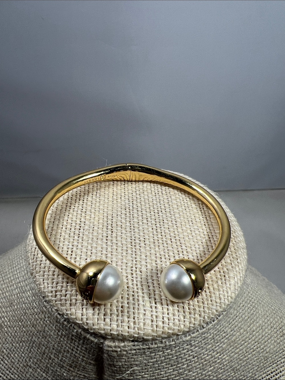 Tory Burch Gold Open Cuff Bracelet with White Pearl Ends